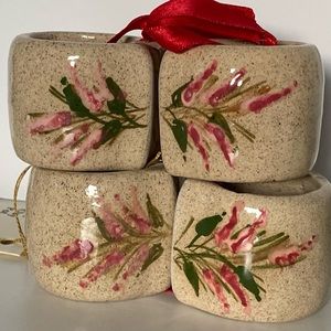 Napkin Rings Ceramic hand made pink flowers hand painted beige pottery NEW NWT